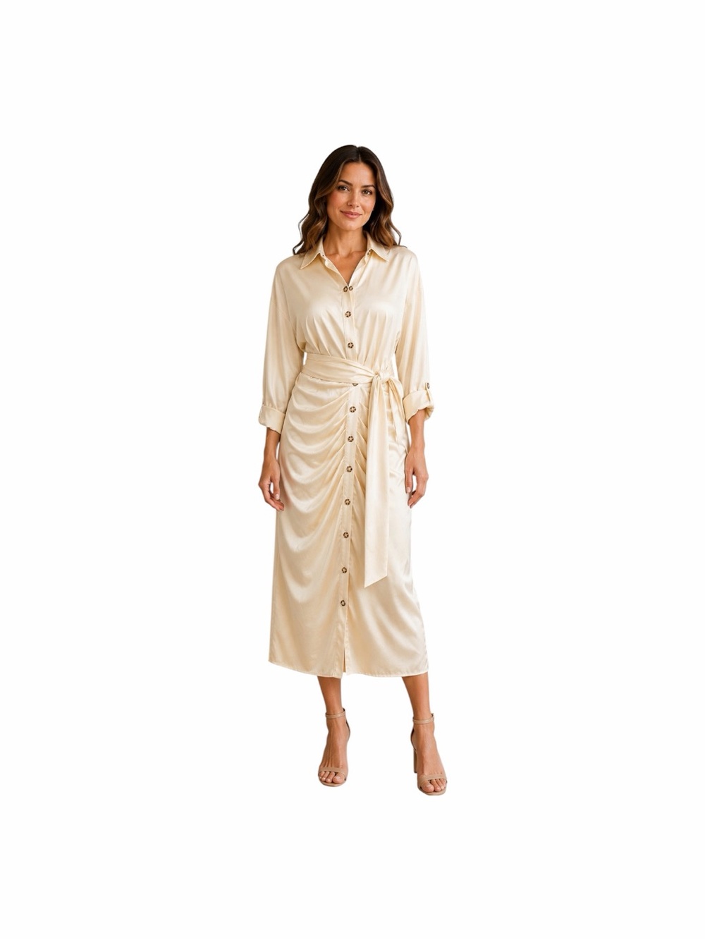 NWT Antonio Melani Roxanne Champagne Ruched Belted Midi Shirt Dress Size 12